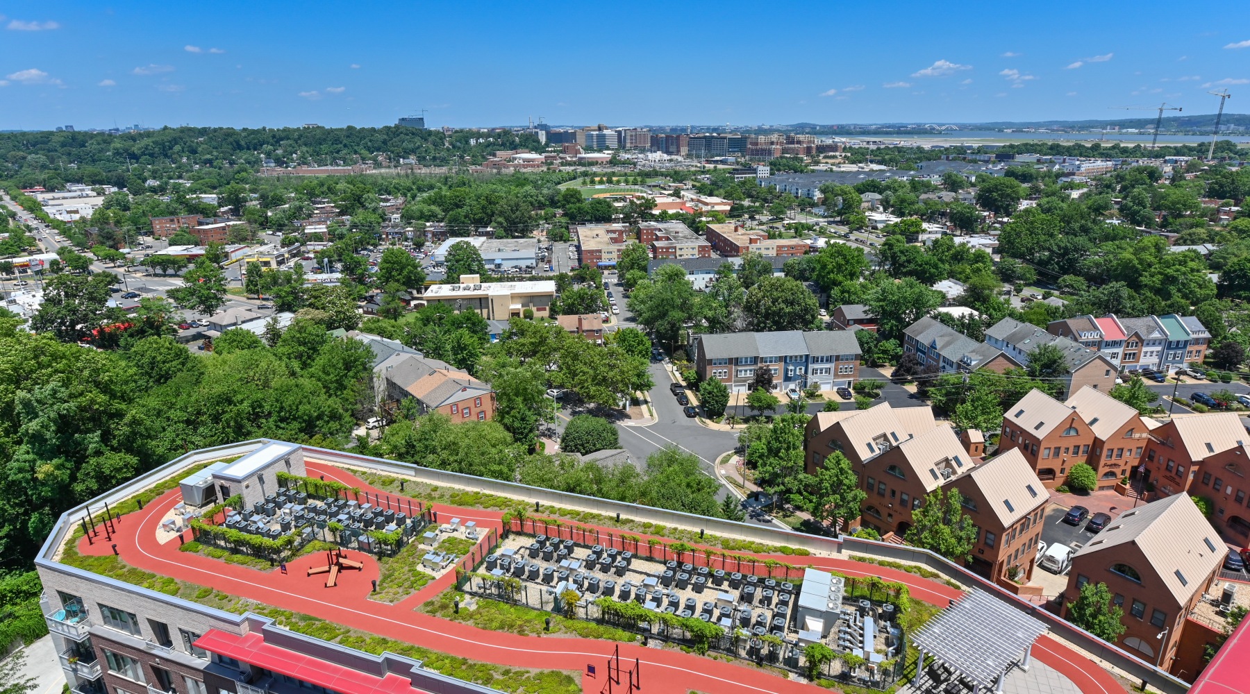 Rooftop jogging trail overlooking panoramic views of historic Alexandria and the Washington D.C. skyline